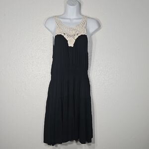 Pink Rose Black Ruffle with Cream Crochet Lace Sleeveless Elastic Waist   Dress